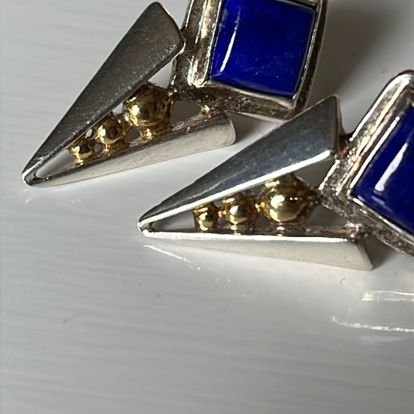 Vintage Lapis Lazuli Blue Sterling Silver Triangle Geometric Earrings - Picture 4 of 12
